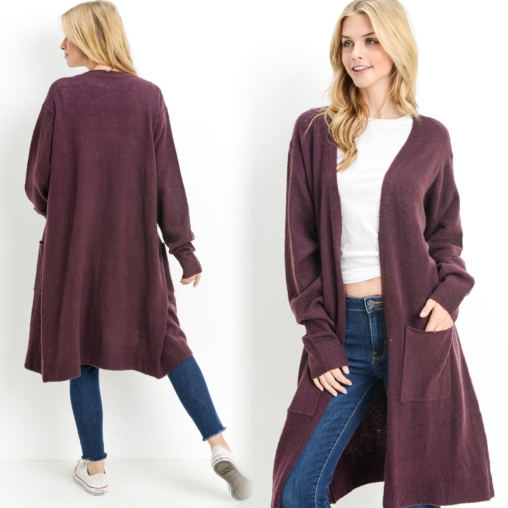 Women's Long Cardigan Sweater - Wine with Pockets